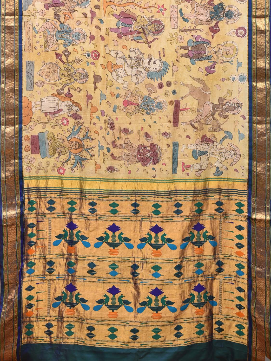 Cream Kalamkari Hand Painted Paithani Silk Handloom Saree with Dahsavatar Design KL0729