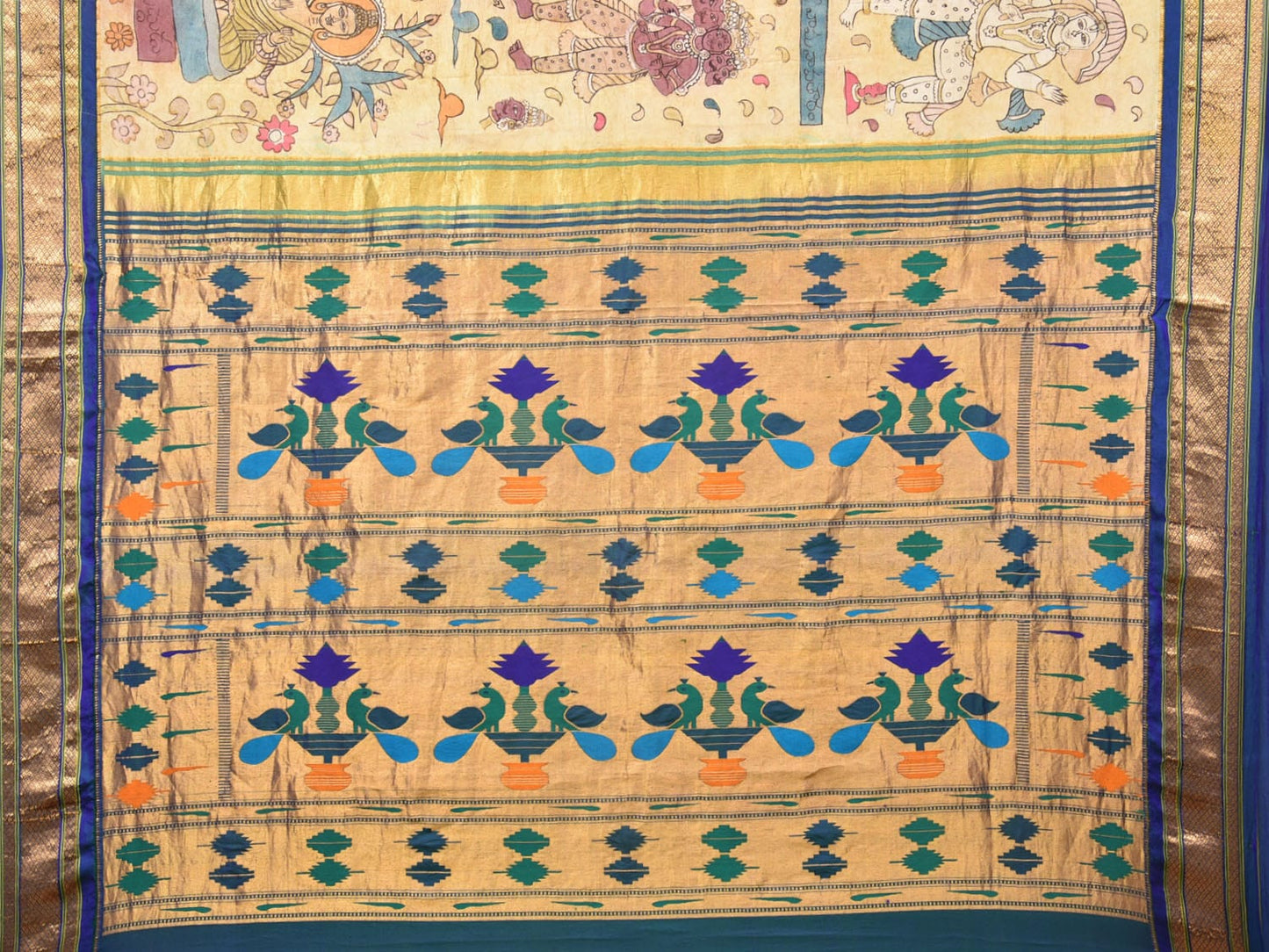 Cream Kalamkari Hand Painted Paithani Silk Handloom Saree with Dahsavatar Design KL0729