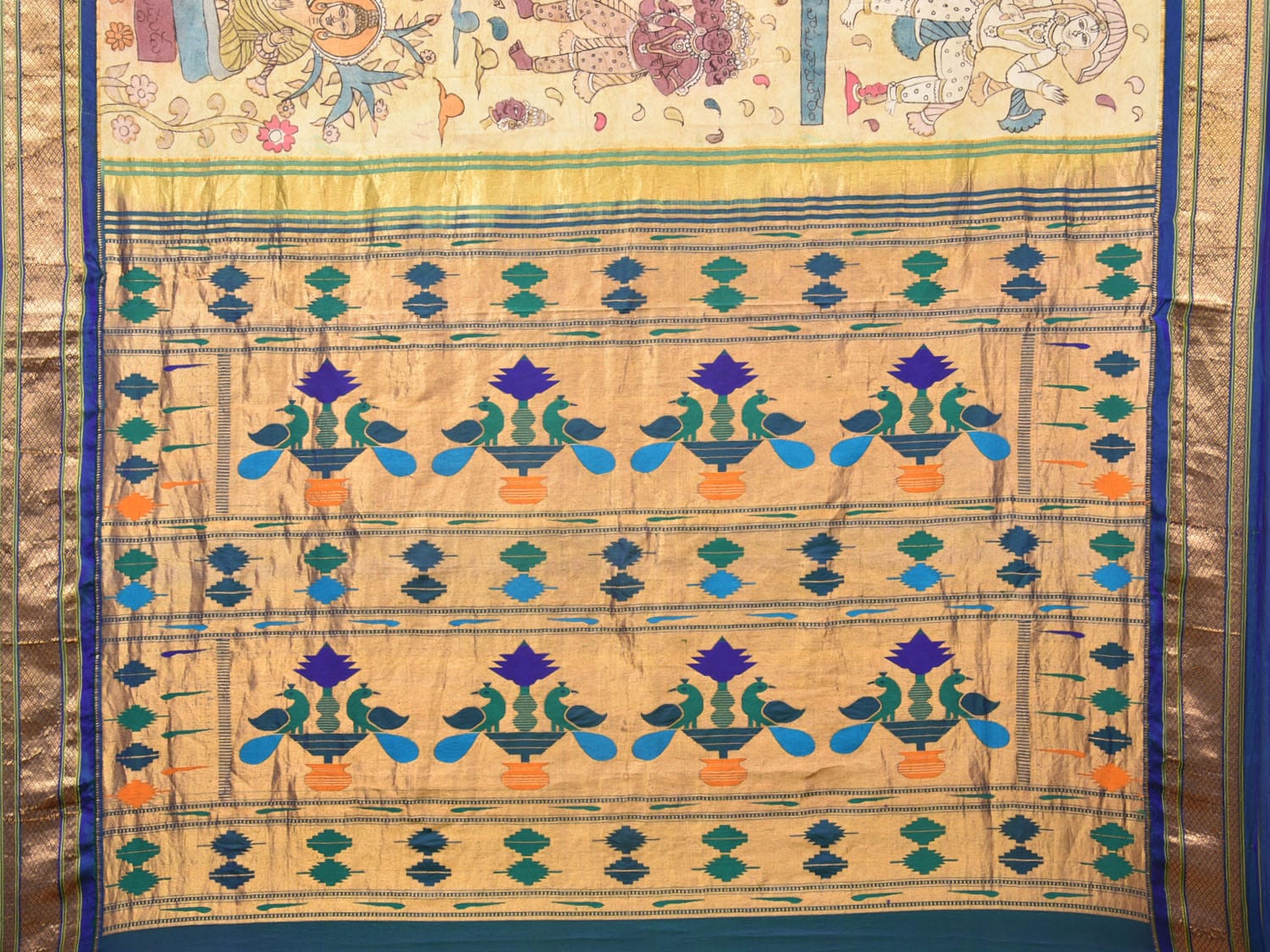 Cream Kalamkari Hand Painted Paithani Silk Handloom Saree with Dahsavatar Design KL0729