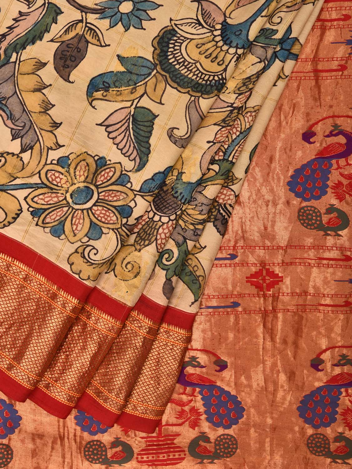 Cream Kalamkari Hand Painted Paithani Silk Handloom Saree with Floral Design KL0451