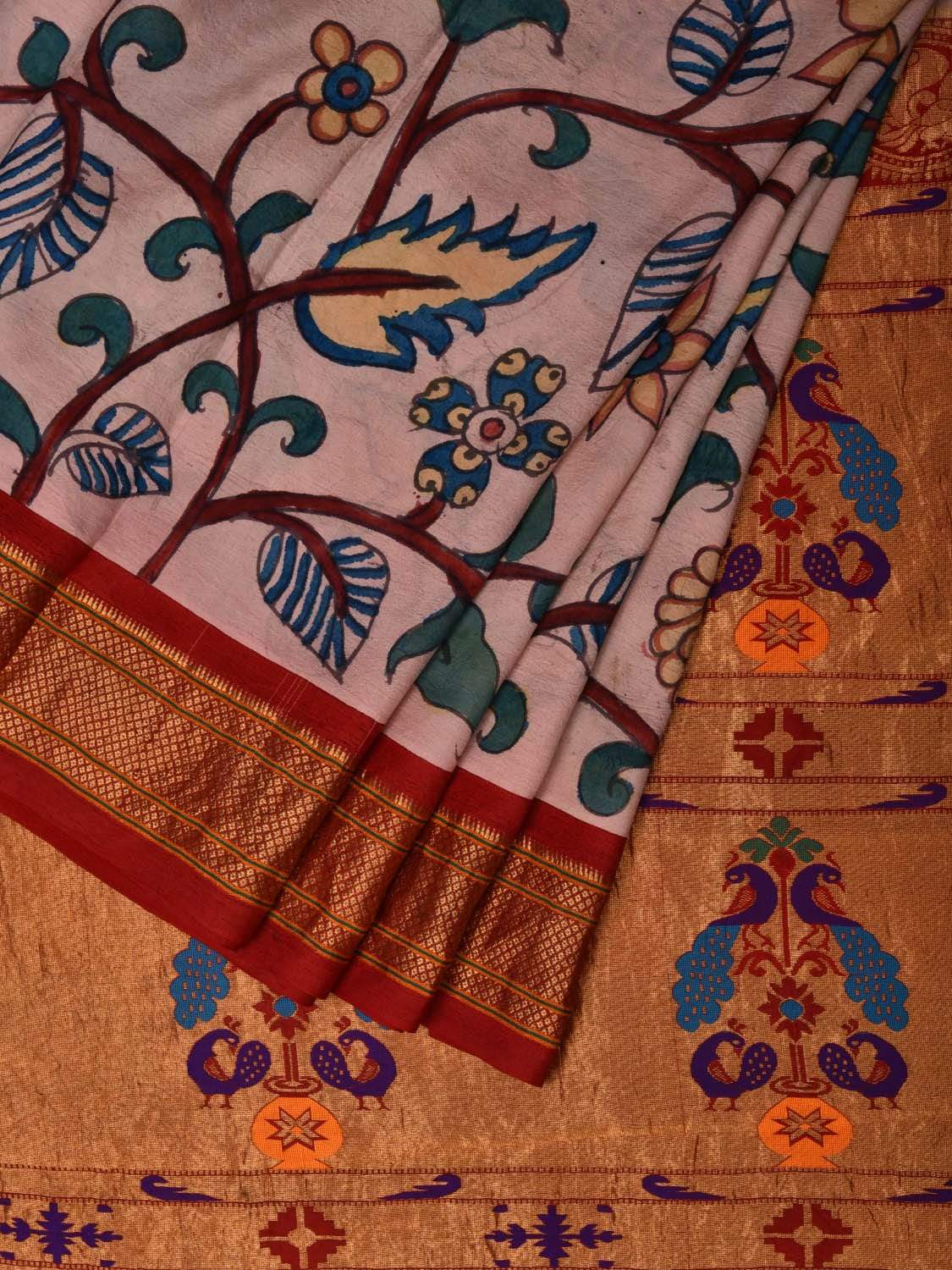 Cream Kalamkari Hand Painted Paithani Silk Handloom Saree with Floral Design KL0518