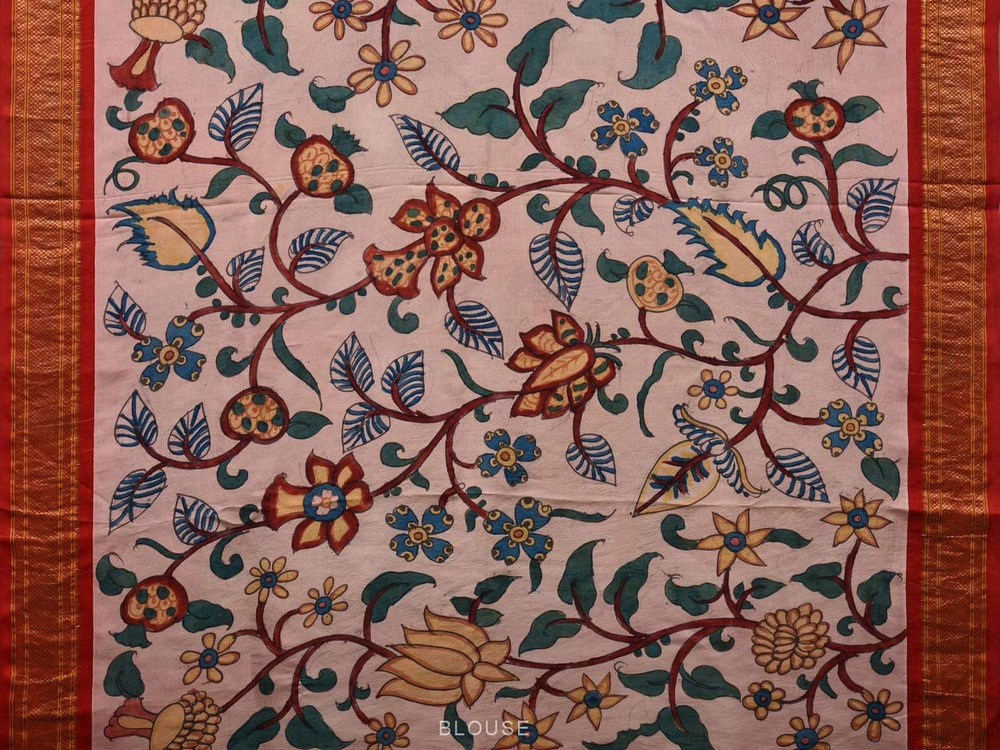 Cream Kalamkari Hand Painted Paithani Silk Handloom Saree with Floral Design KL0518