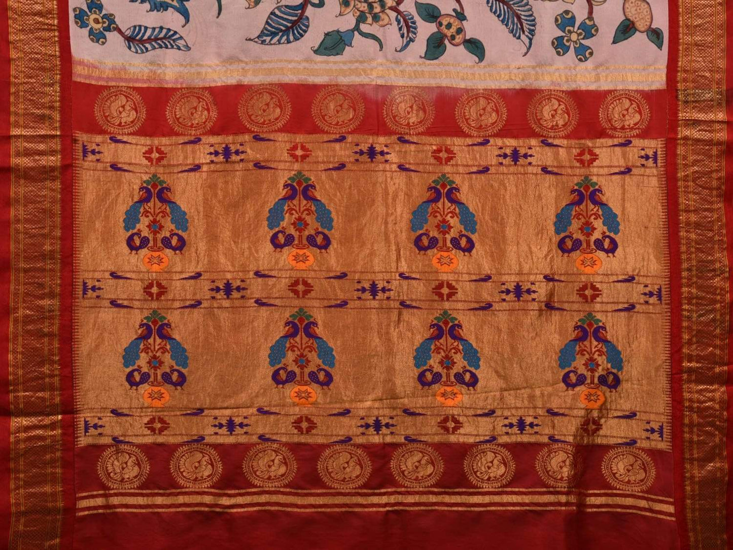 Cream Kalamkari Hand Painted Paithani Silk Handloom Saree with Floral Design KL0518