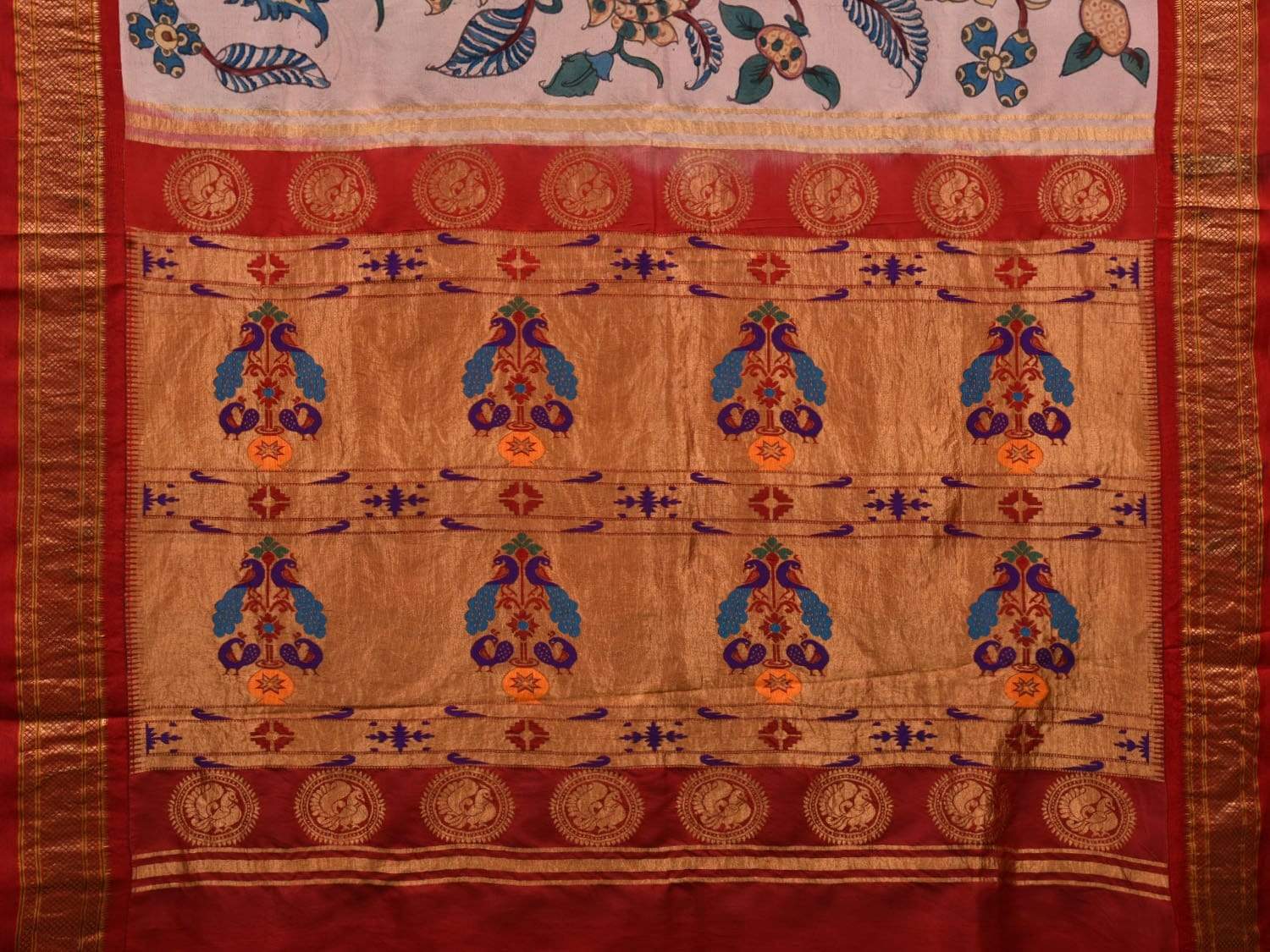 Cream Kalamkari Hand Painted Paithani Silk Handloom Saree with Floral Design KL0518