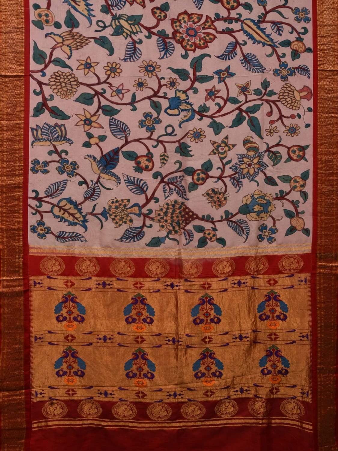 Cream Kalamkari Hand Painted Paithani Silk Handloom Saree with Floral Design KL0518