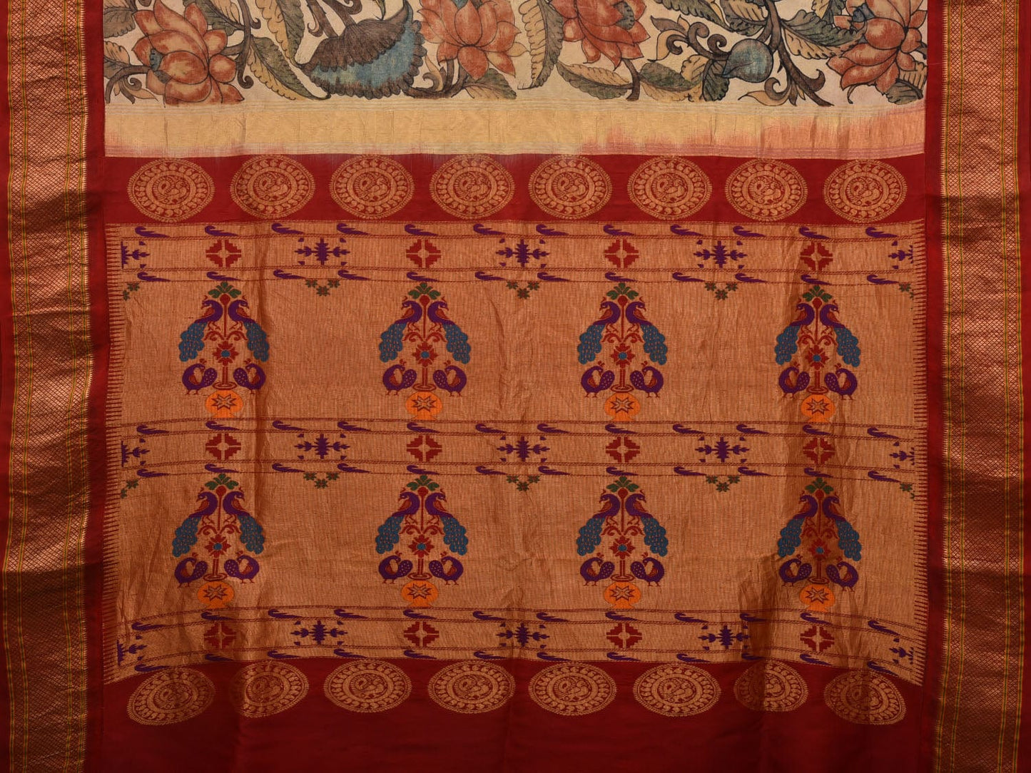 Cream Kalamkari Hand Painted Paithani Silk Handloom Saree with Lotus Flowers Design KL0693
