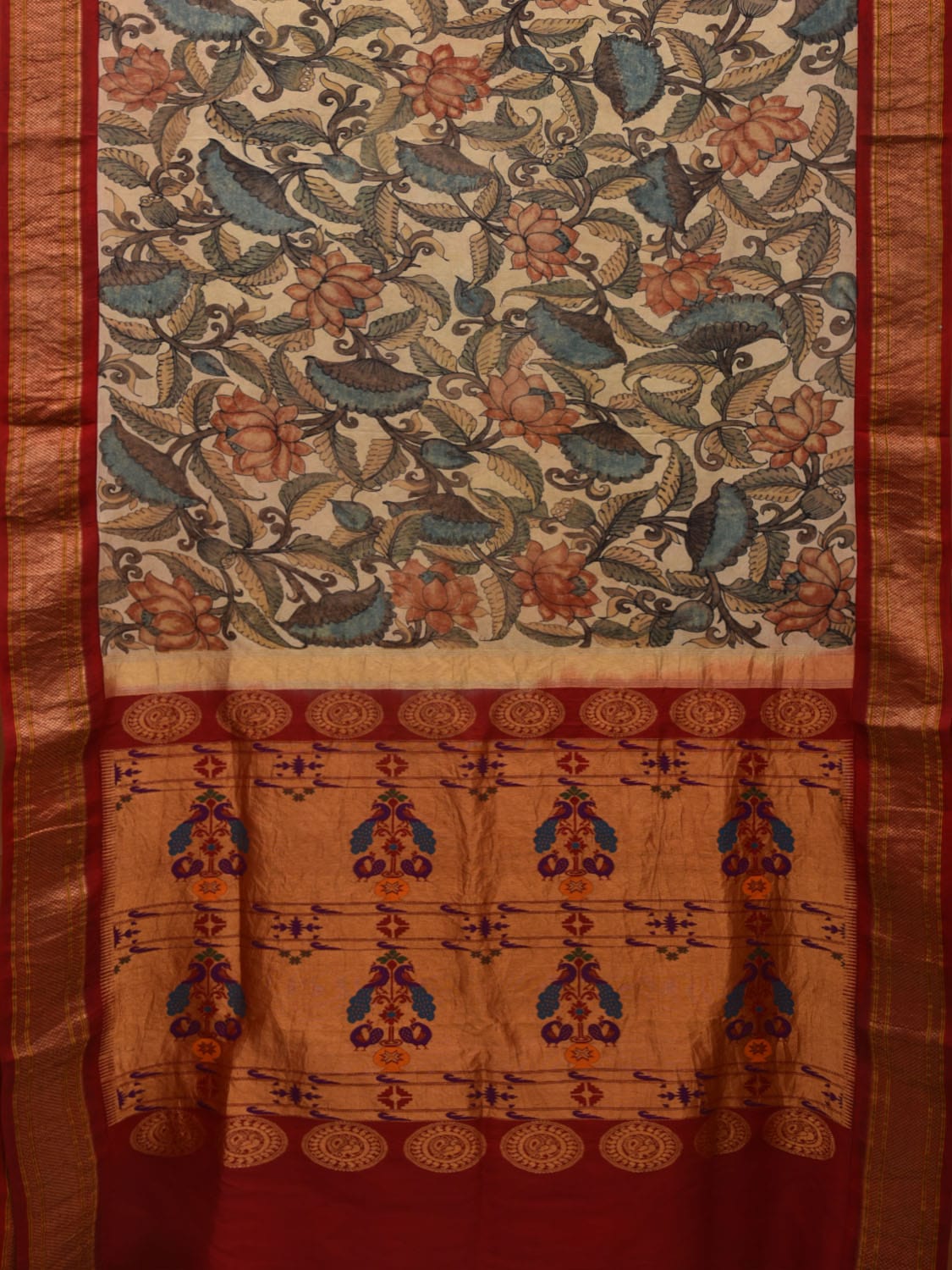 Cream Kalamkari Hand Painted Paithani Silk Handloom Saree with Lotus Flowers Design KL0693