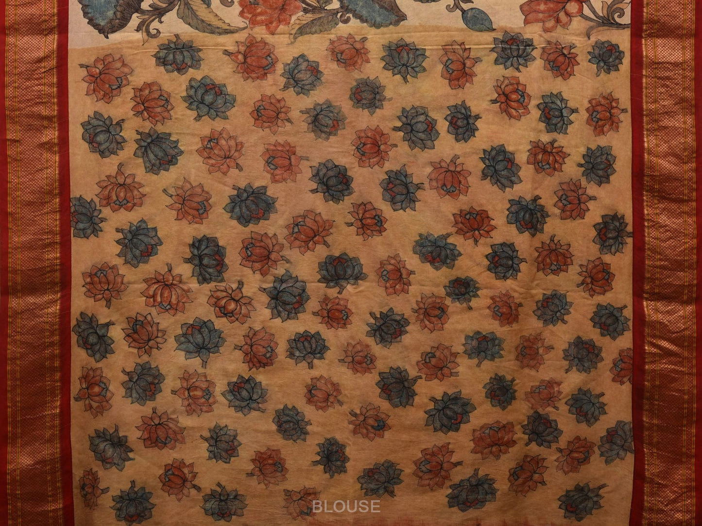 Cream Kalamkari Hand Painted Paithani Silk Handloom Saree with Lotus Flowers Design KL0693