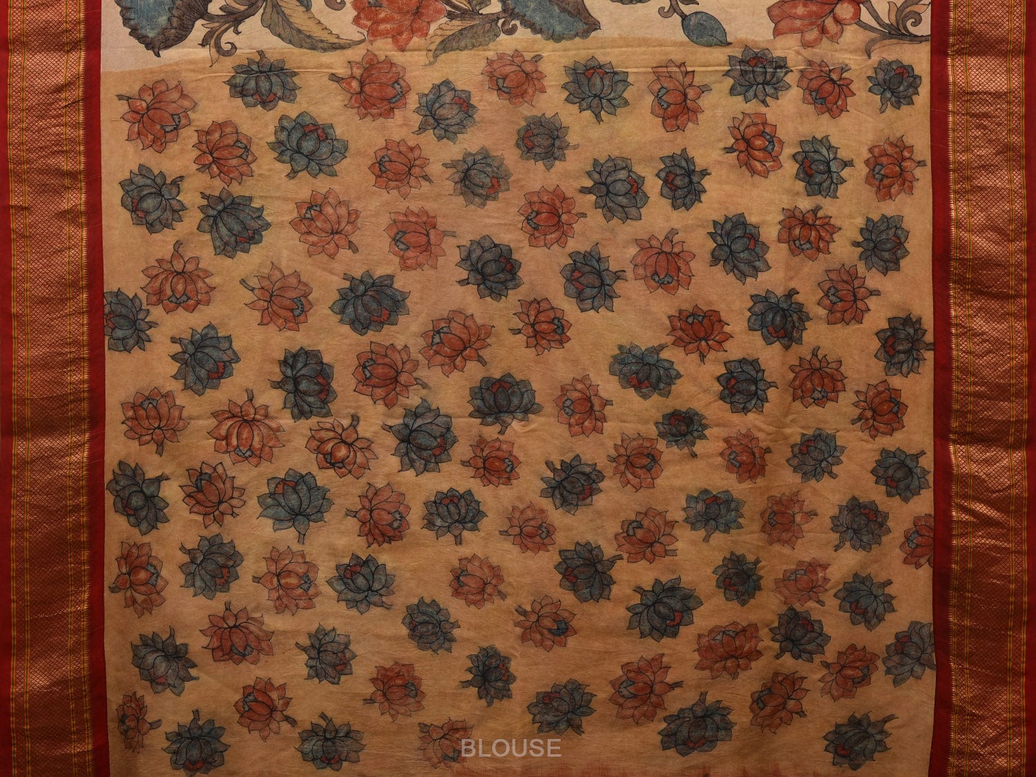 Cream Kalamkari Hand Painted Paithani Silk Handloom Saree with Lotus Flowers Design KL0693