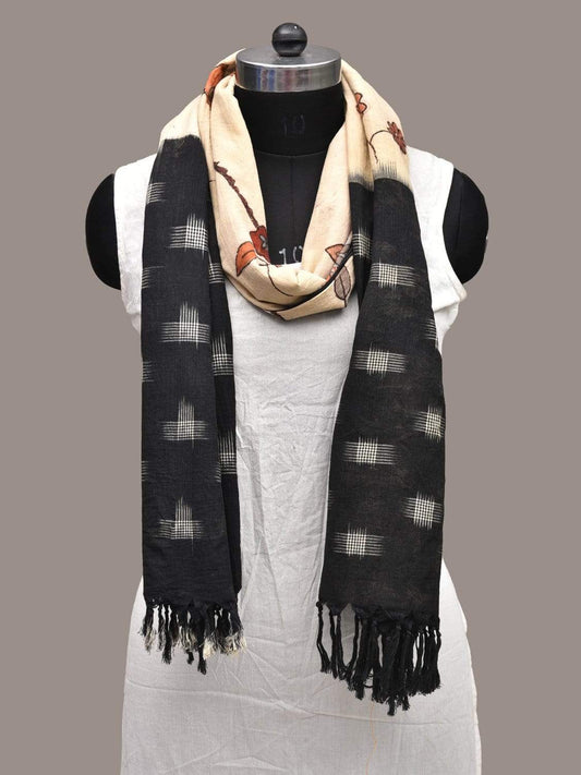 Cream Kalamkari Hand Painted Pochampally Ikat Cotton Handloom Dupatta with Floral Design ds2257