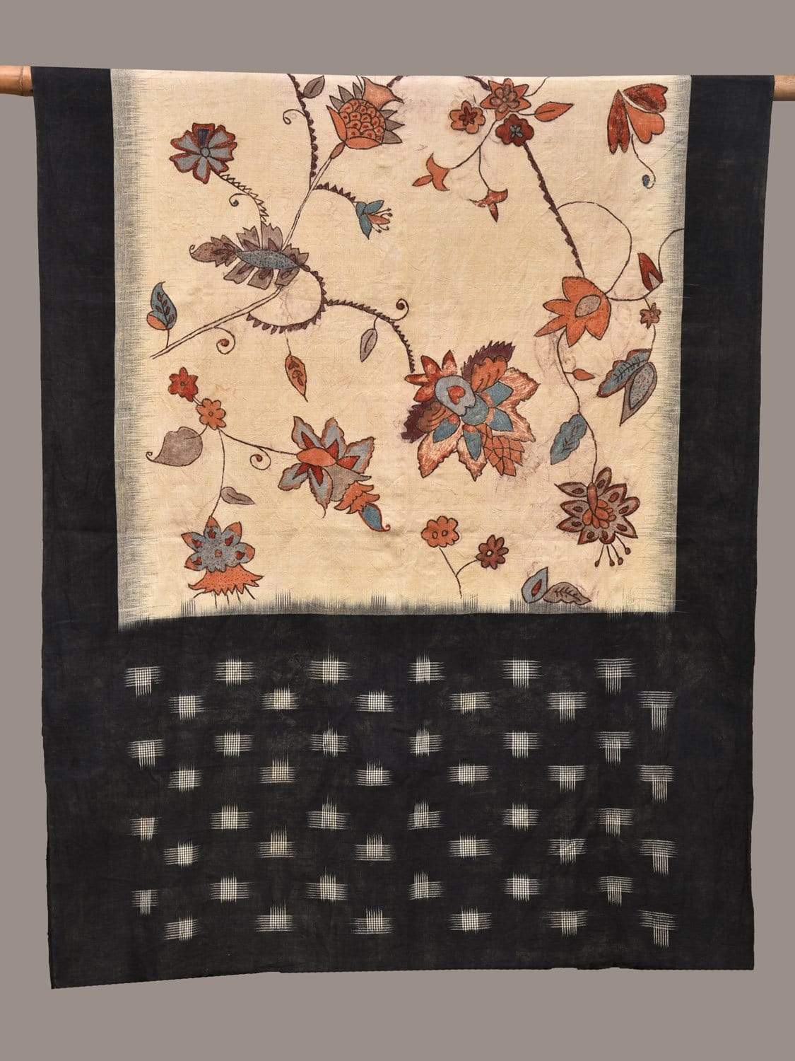 Cream Kalamkari Hand Painted Pochampally Ikat Cotton Handloom Dupatta with Floral Design ds2257