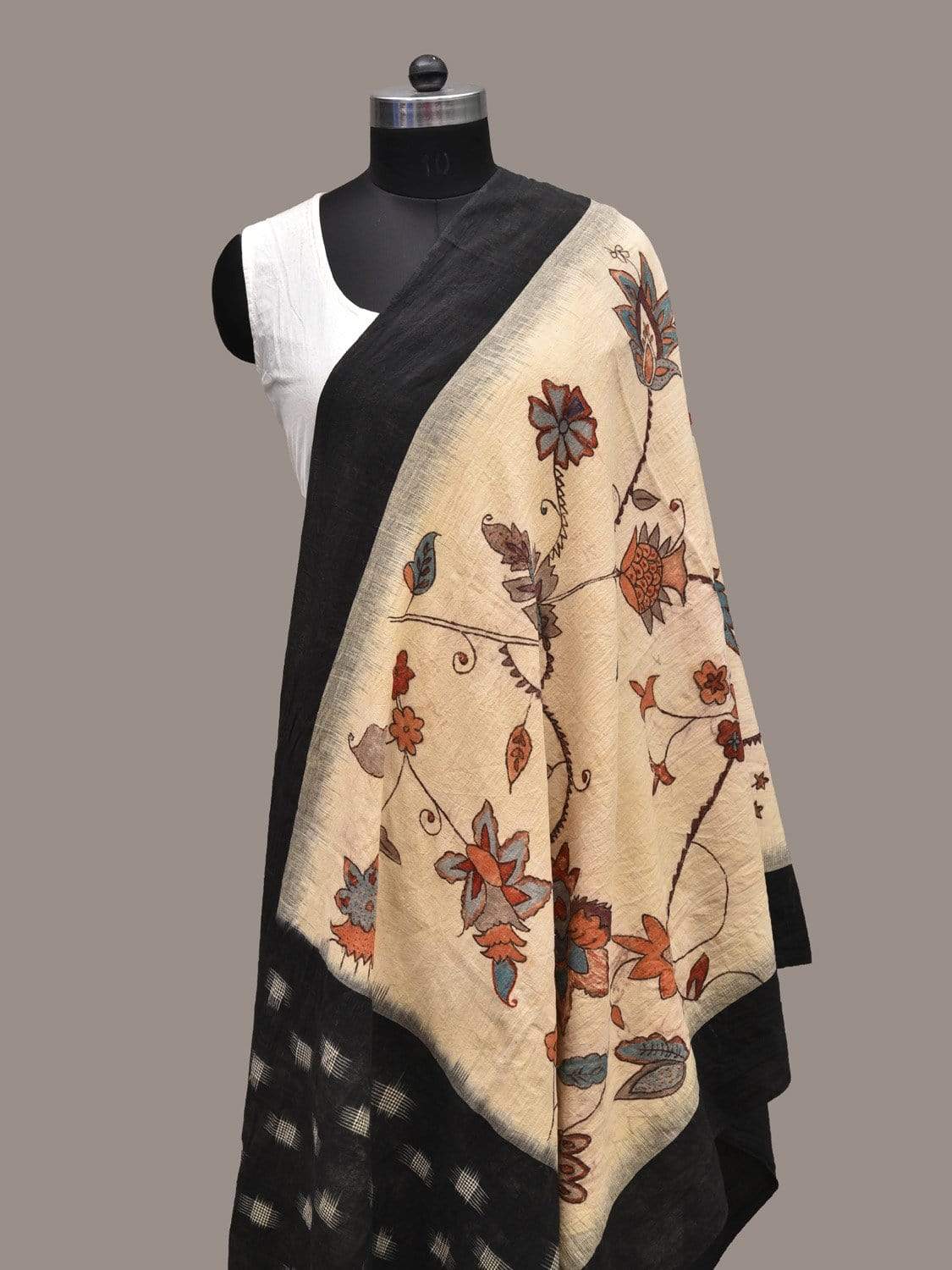 Cream Kalamkari Hand Painted Pochampally Ikat Cotton Handloom Dupatta with Floral Design ds2257