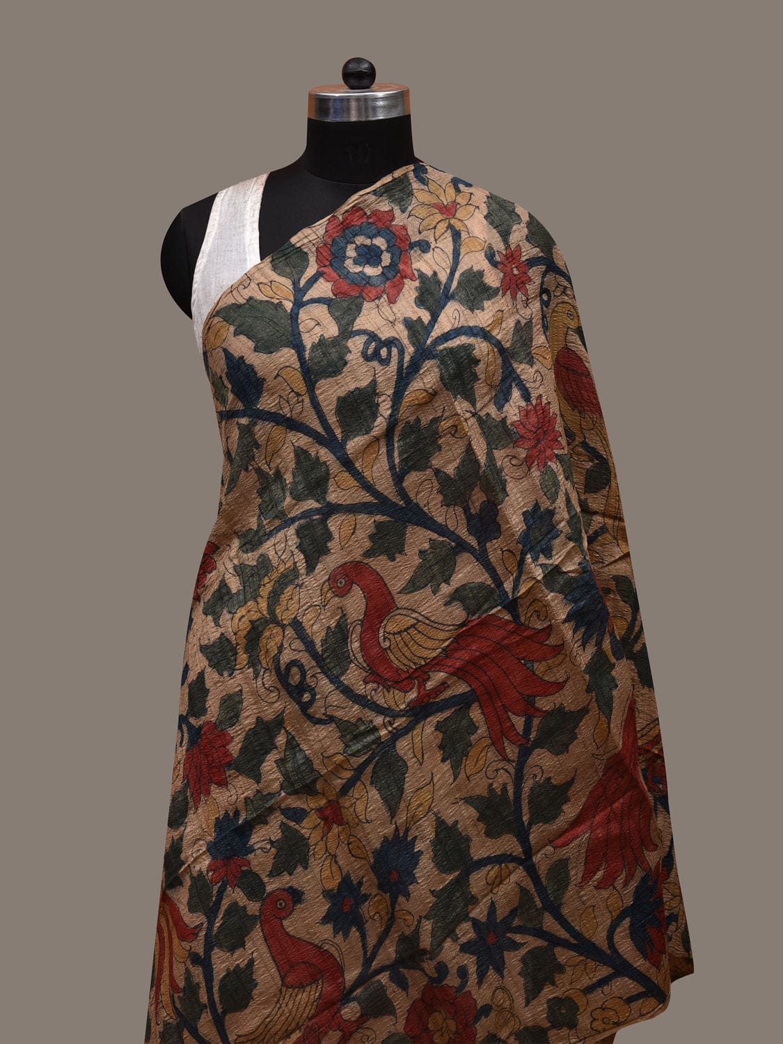 Cream Kalamkari Hand Painted Raw Silk Handloom Dupatta with Birds and Floral Design ds2910