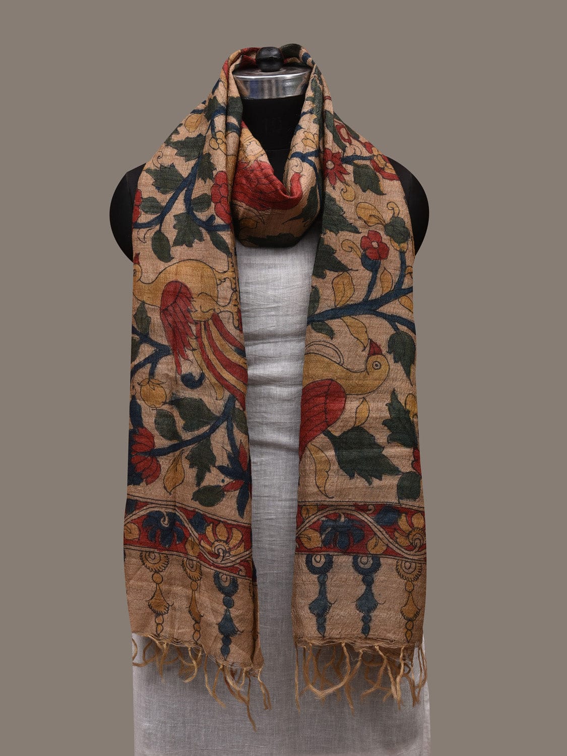 Cream Kalamkari Hand Painted Raw Silk Handloom Dupatta with Birds and Floral Design ds2910