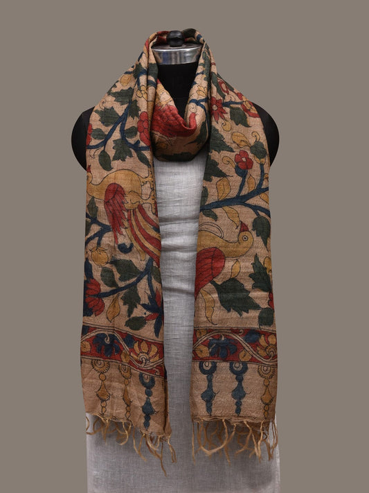 Cream Kalamkari Hand Painted Raw Silk Handloom Dupatta with Birds and Floral Design ds2910