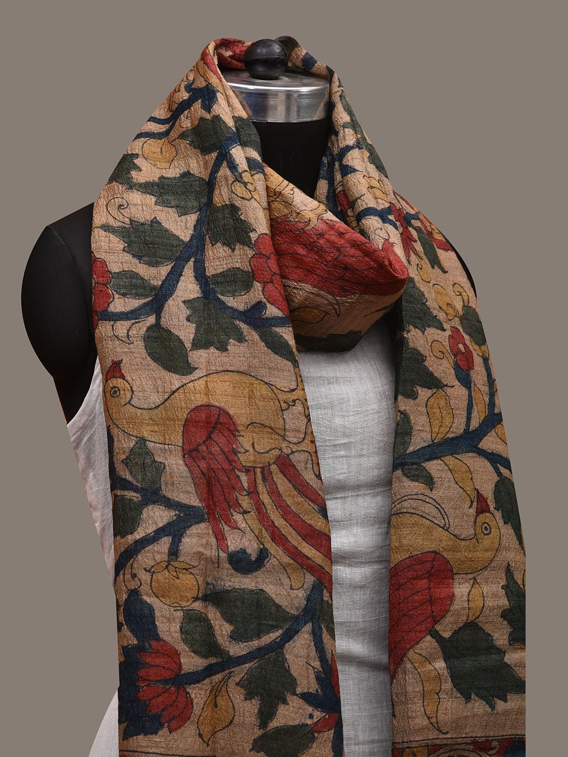 Cream Kalamkari Hand Painted Raw Silk Handloom Dupatta with Birds and Floral Design ds2910