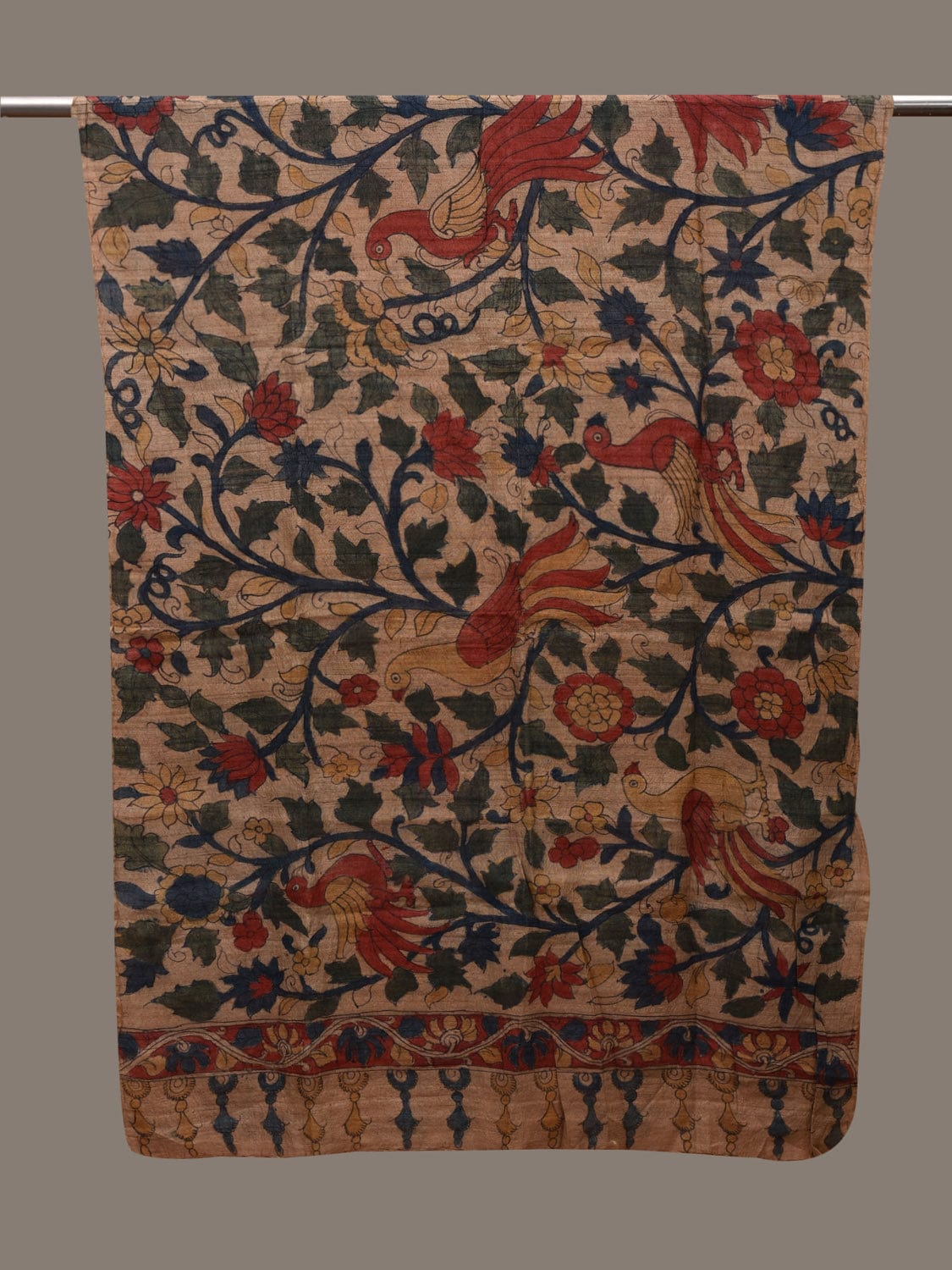 Cream Kalamkari Hand Painted Raw Silk Handloom Dupatta with Birds and Floral Design ds2910