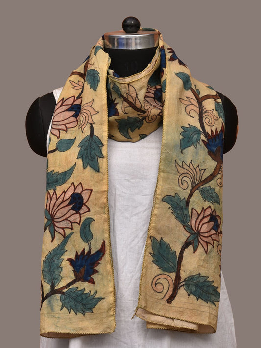 Cream Kalamkari Hand Painted Sico Handloom Stole with Lotus Flowers Design ds3199