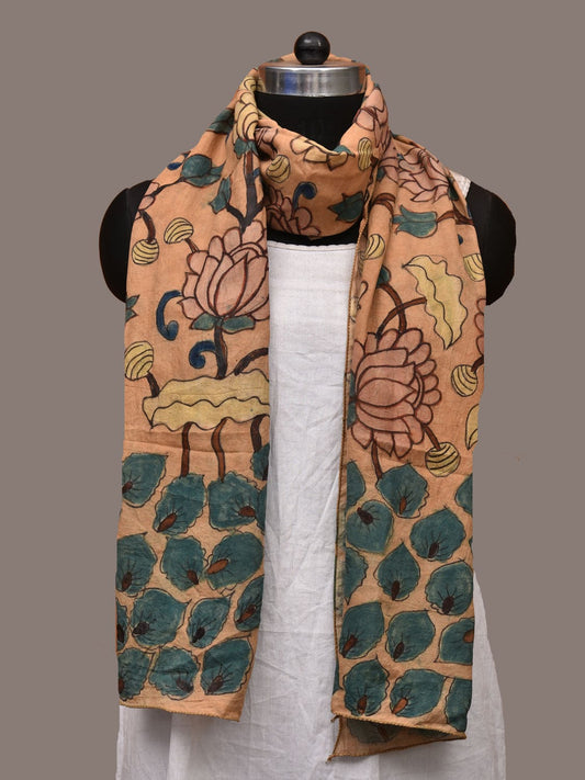 Cream Kalamkari Hand Painted Sico Handloom Stole with Lotus Flowers Design ds3201