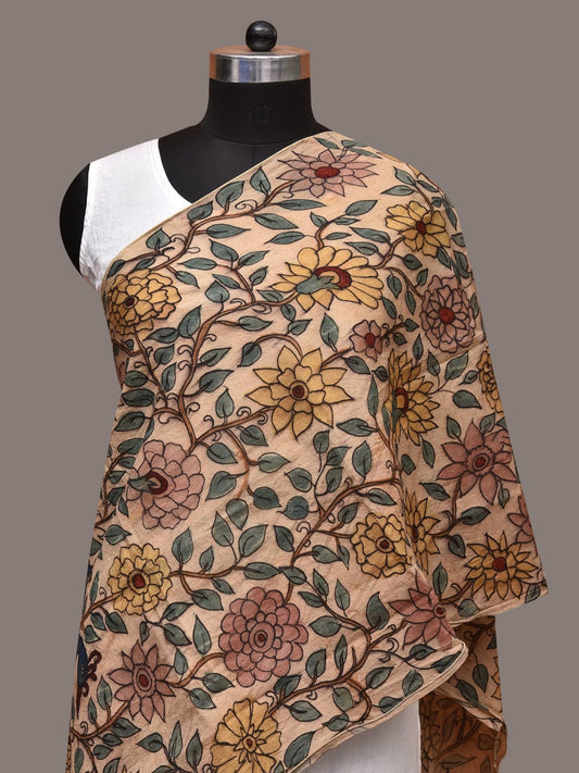 Cream Kalamkari Hand Painted Sico Stole with Floral and Peacocks Design ds3560