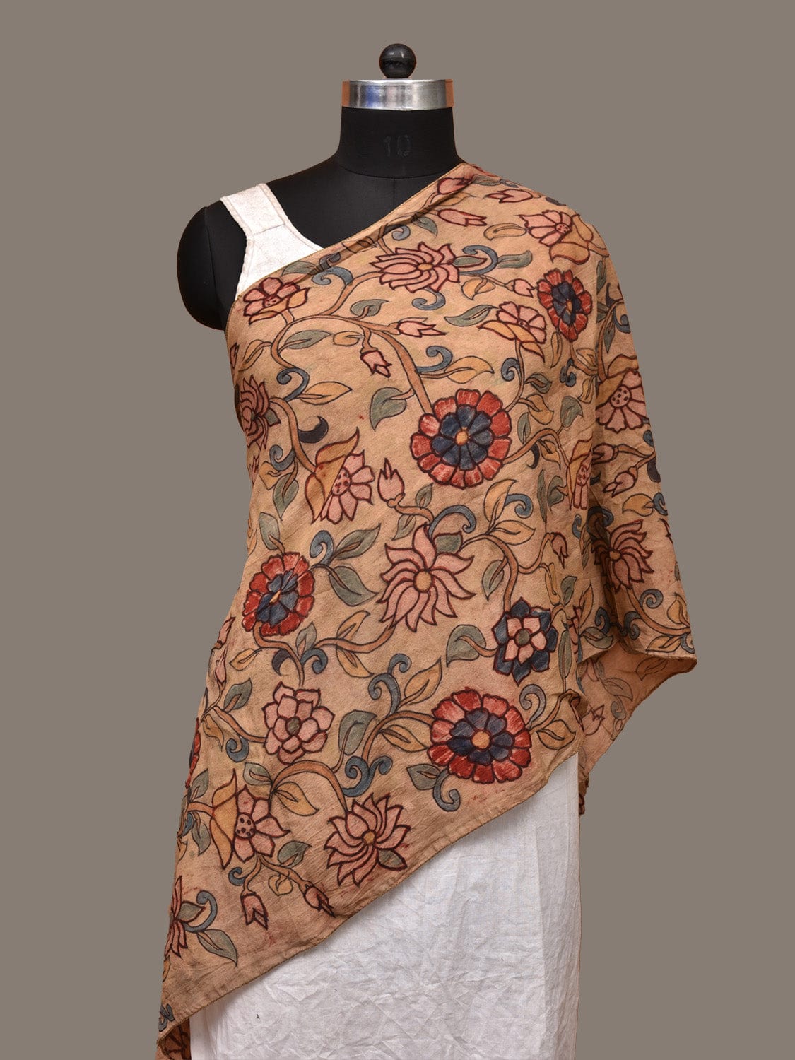 Cream Kalamkari Hand Painted Sico Stole with Floral Design ds3225