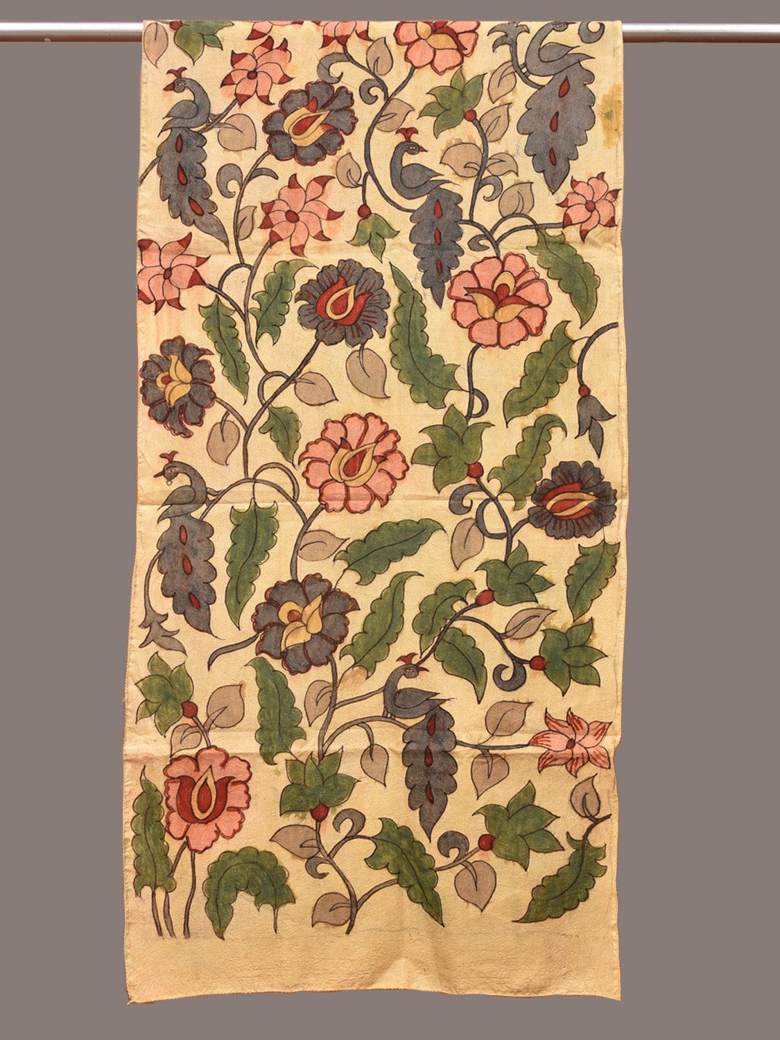 Cream Kalamkari Hand Painted Sico Stole with Floral Design ds3309