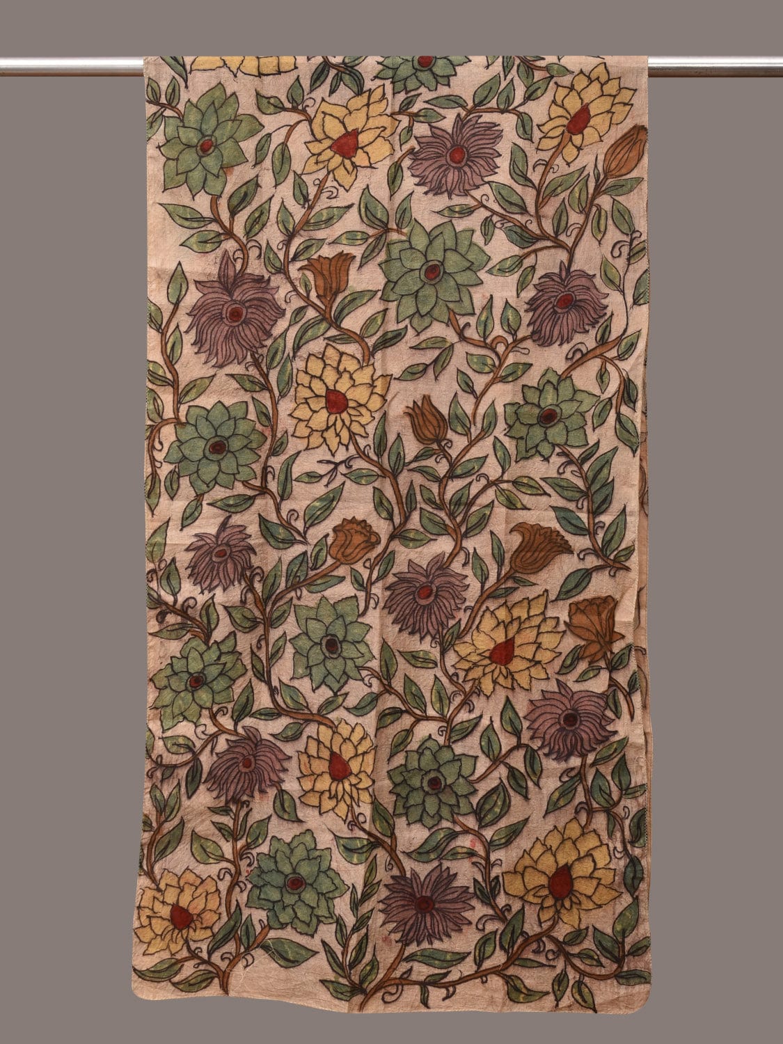 Cream Kalamkari Hand Painted Sico Stole with Floral Design ds3563