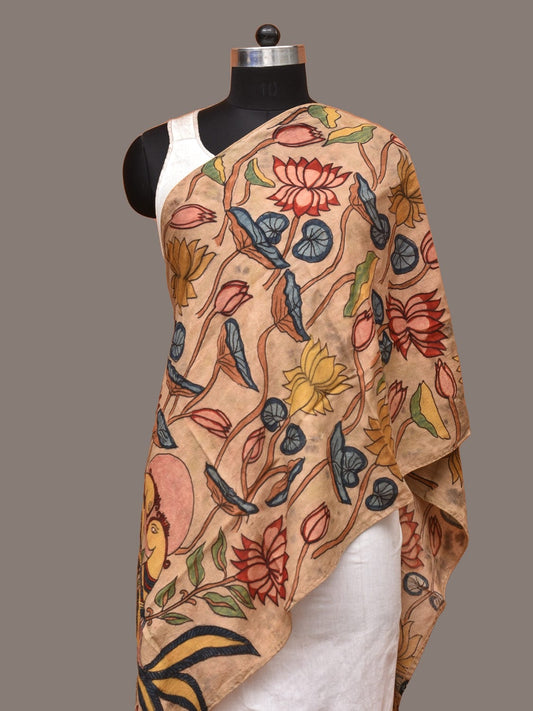 Cream Kalamkari Hand Painted Sico Stole with Lotus and Peacocks Design ds3300
