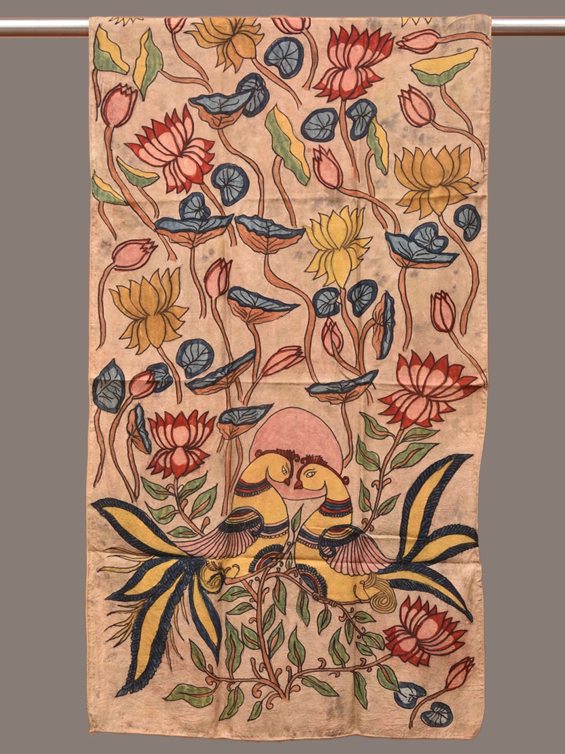 Cream Kalamkari Hand Painted Sico Stole with Lotus and Peacocks Design ds3300