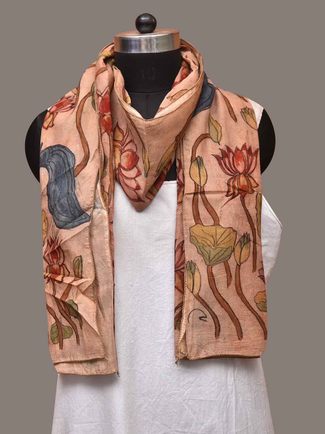Cream Kalamkari Hand Painted Sico Stole with Lotus and Peacocks Design ds3411