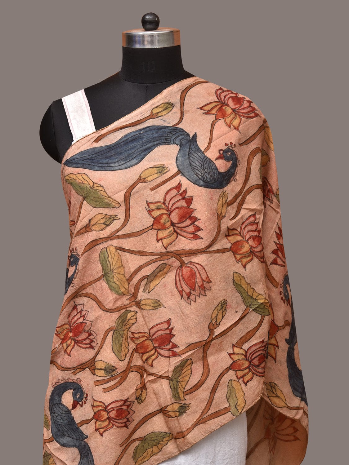 Cream Kalamkari Hand Painted Sico Stole with Lotus and Peacocks Design ds3411