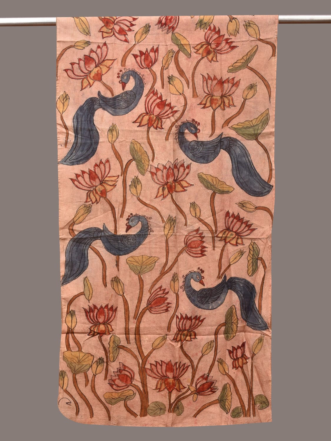 Cream Kalamkari Hand Painted Sico Stole with Lotus and Peacocks Design ds3411