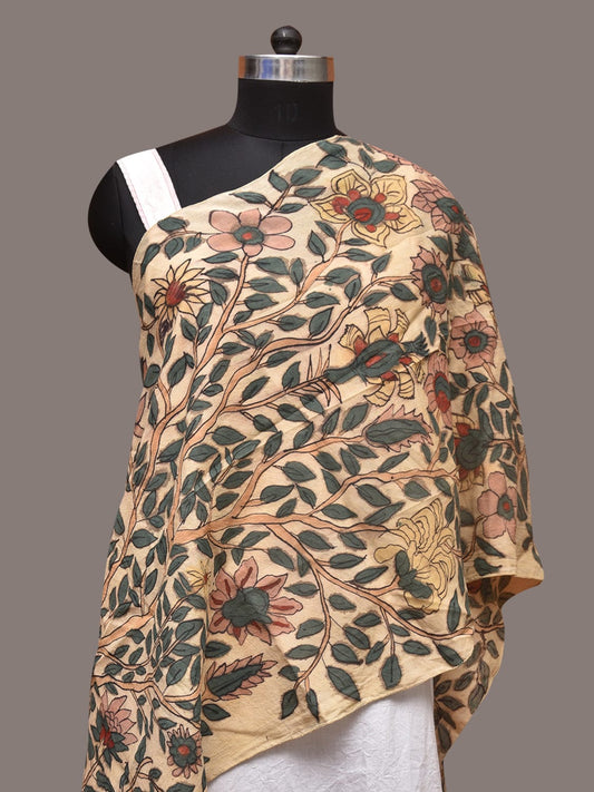 Cream Kalamkari Hand Painted Sico Stole with Tree of Life Design ds3389