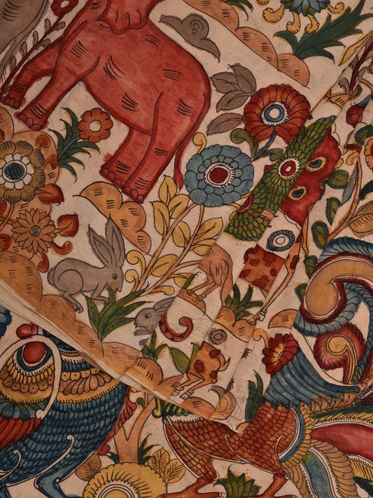 Cream Kalamkari Hand Painted Silk Handloom Saree with Animals Design KL0649