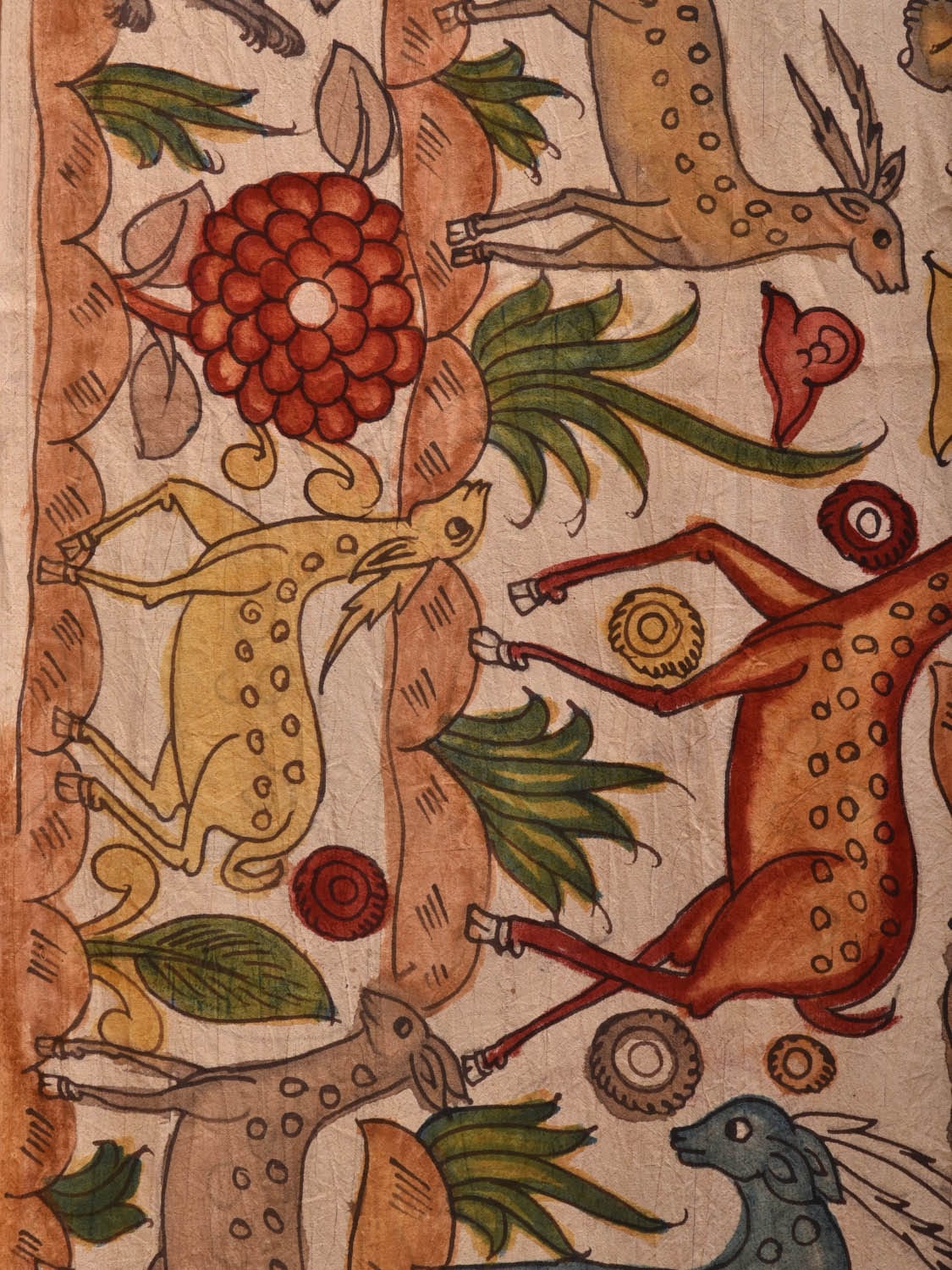 Cream Kalamkari Hand Painted Silk Handloom Saree with Animals Design KL0649