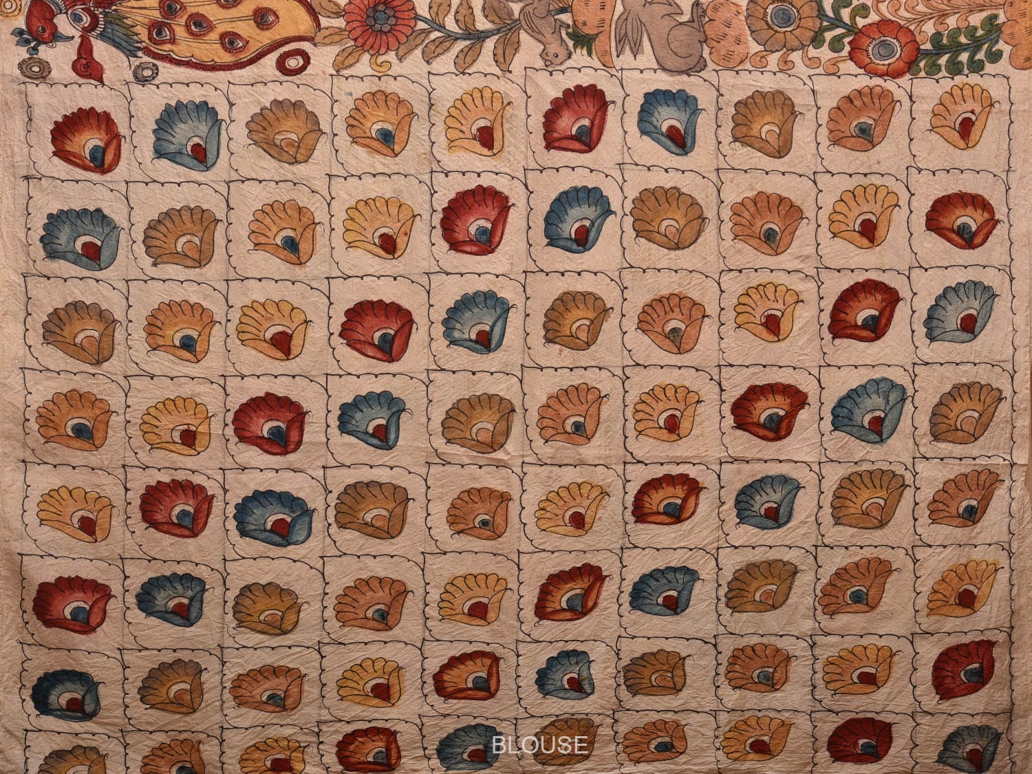 Cream Kalamkari Hand Painted Silk Handloom Saree with Animals Design KL0649