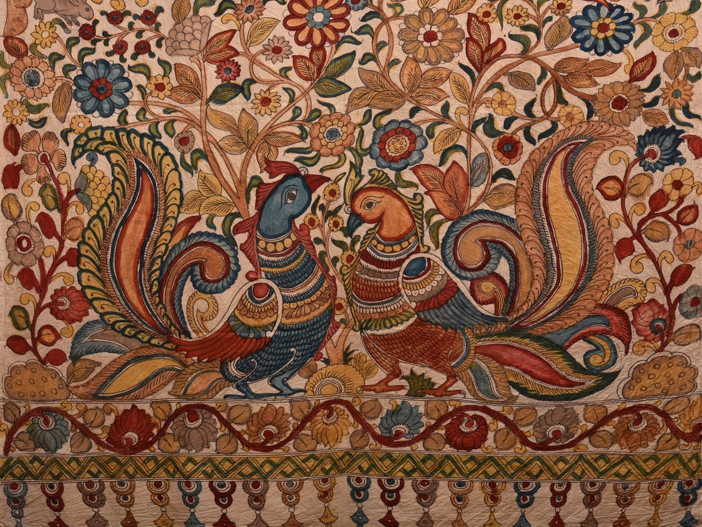 Cream Kalamkari Hand Painted Silk Handloom Saree with Animals Design KL0649