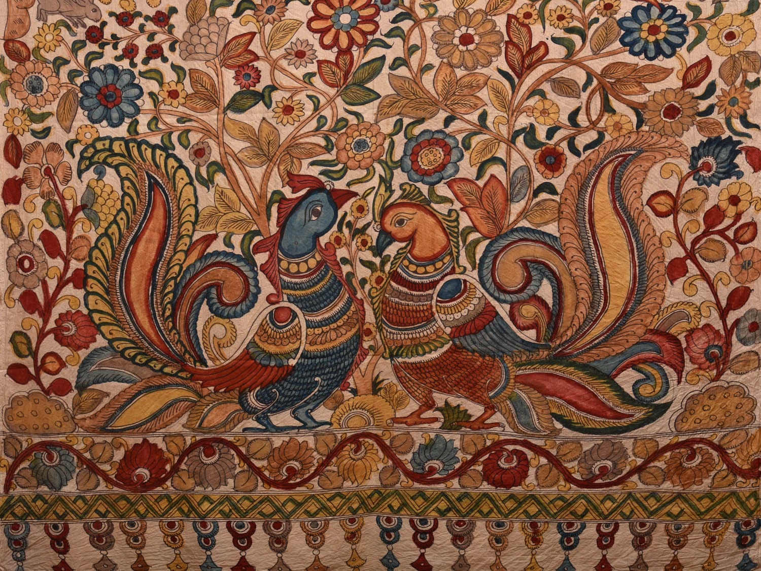 Cream Kalamkari Hand Painted Silk Handloom Saree with Animals Design KL0649