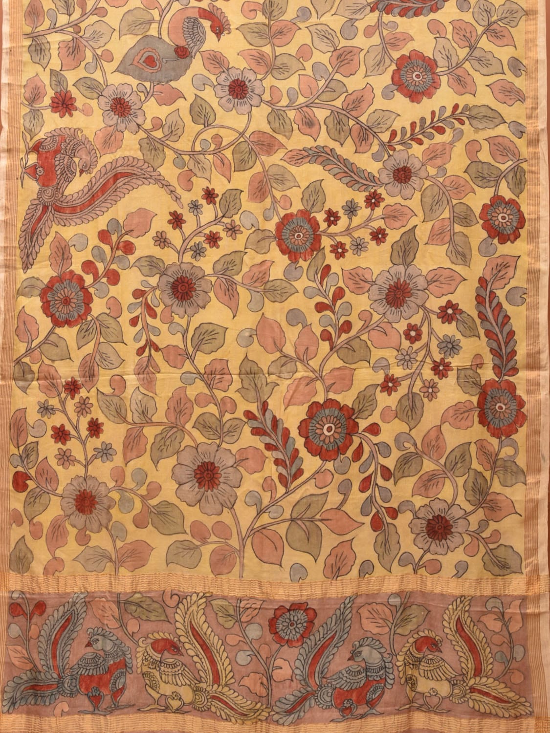 Cream Kalamkari Hand Painted Silk Handloom Saree with Floral and Peacock Design KL0728