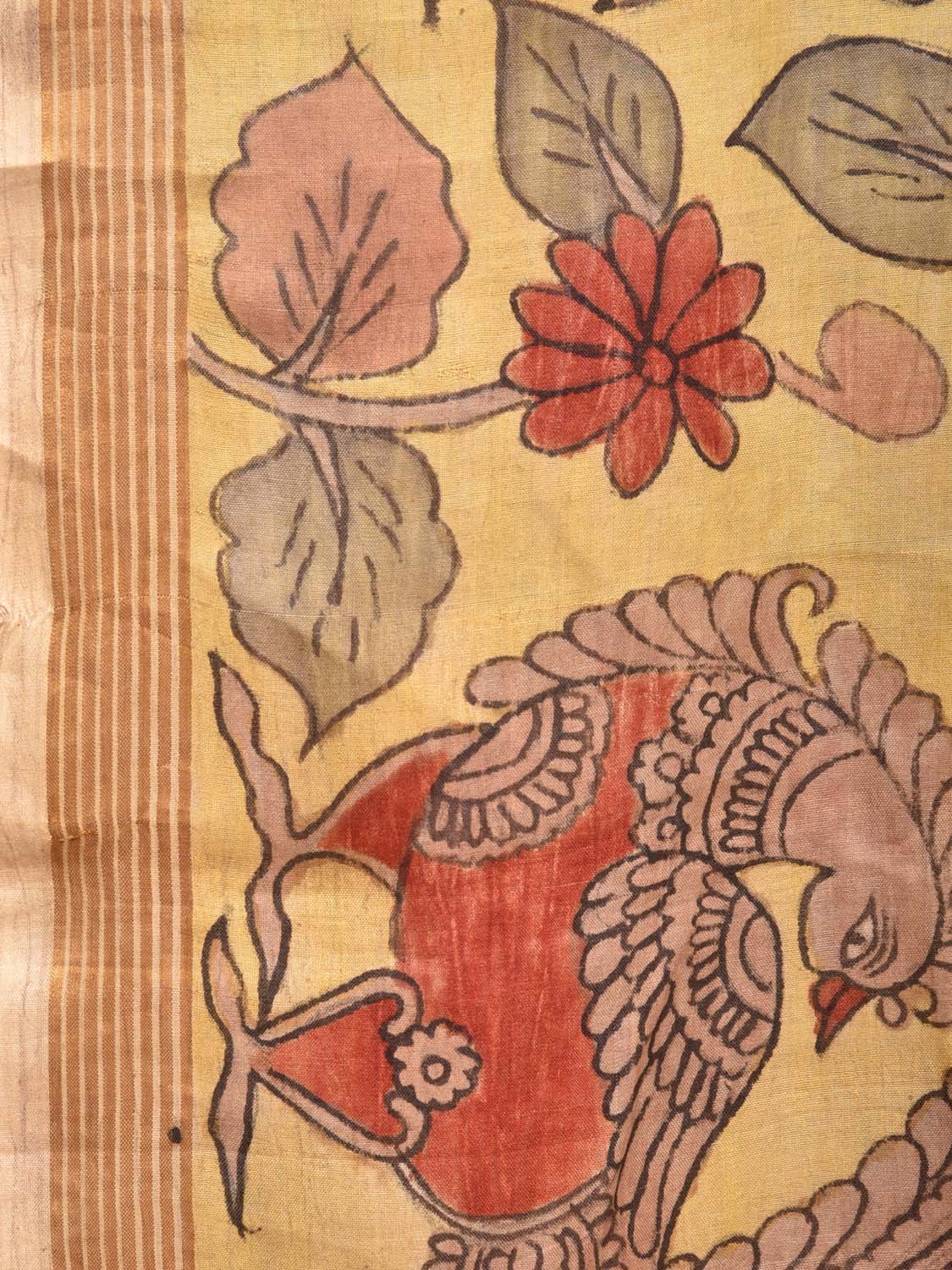 Cream Kalamkari Hand Painted Silk Handloom Saree with Floral and Peacock Design KL0728