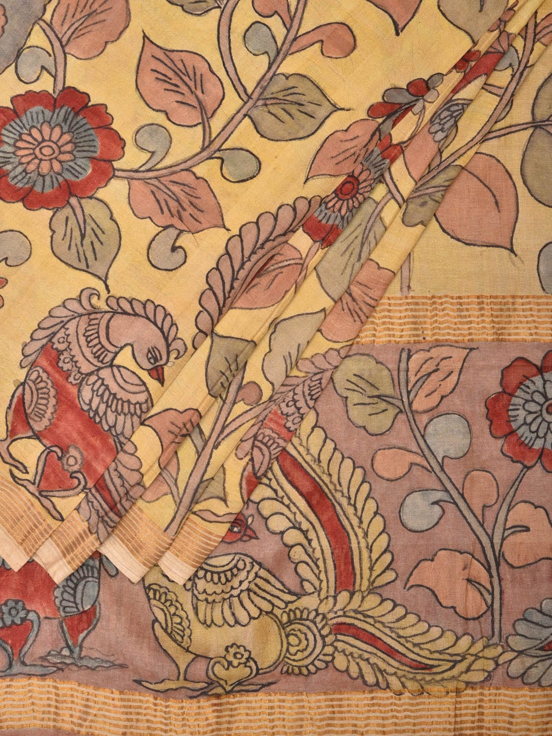 Cream Kalamkari Hand Painted Silk Handloom Saree with Floral and Peacock Design KL0728