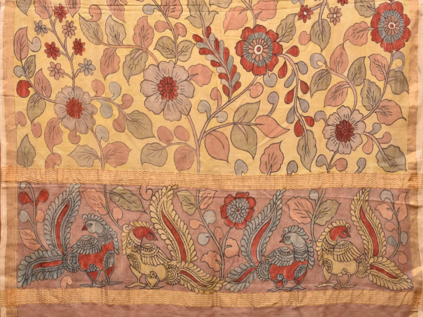 Cream Kalamkari Hand Painted Silk Handloom Saree with Floral and Peacock Design KL0728