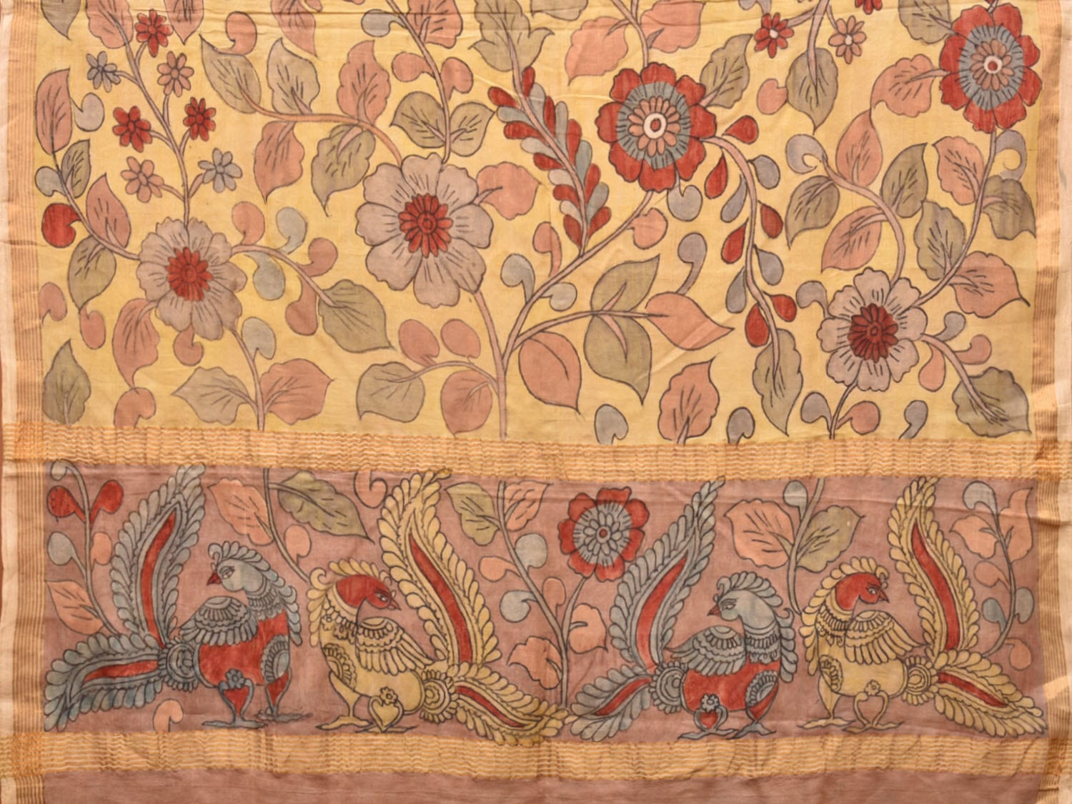 Cream Kalamkari Hand Painted Silk Handloom Saree with Floral and Peacock Design KL0728