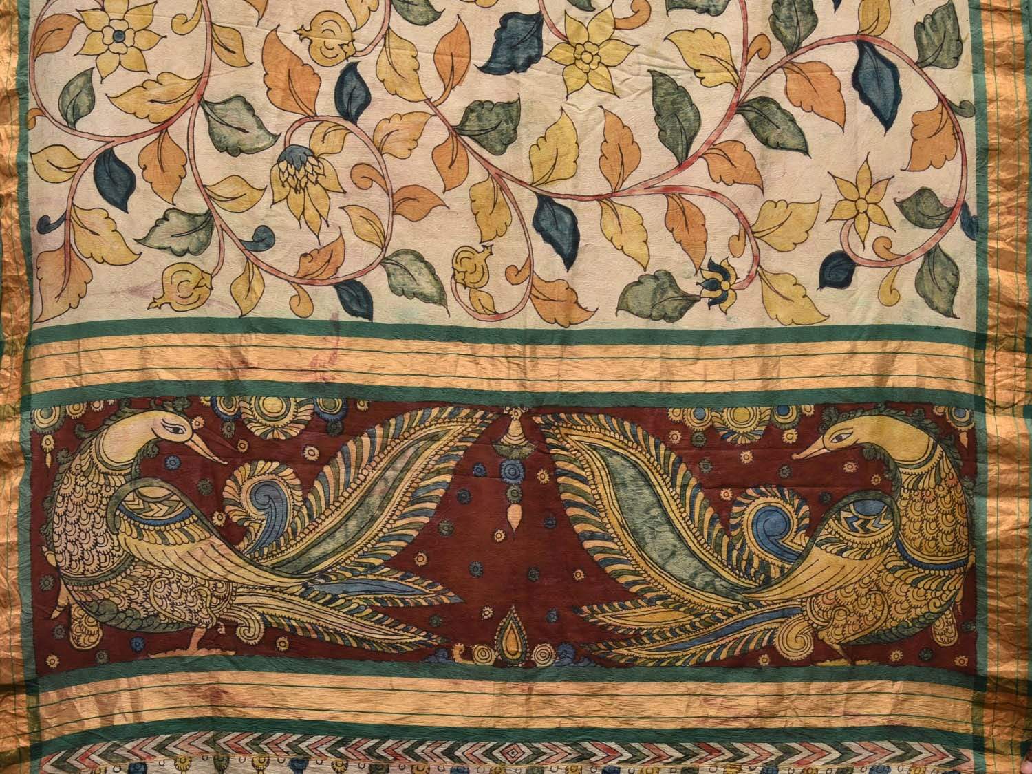 Cream Kalamkari Hand Painted Silk Handloom Saree with Floral and Peacocks Pallu Design KL0455