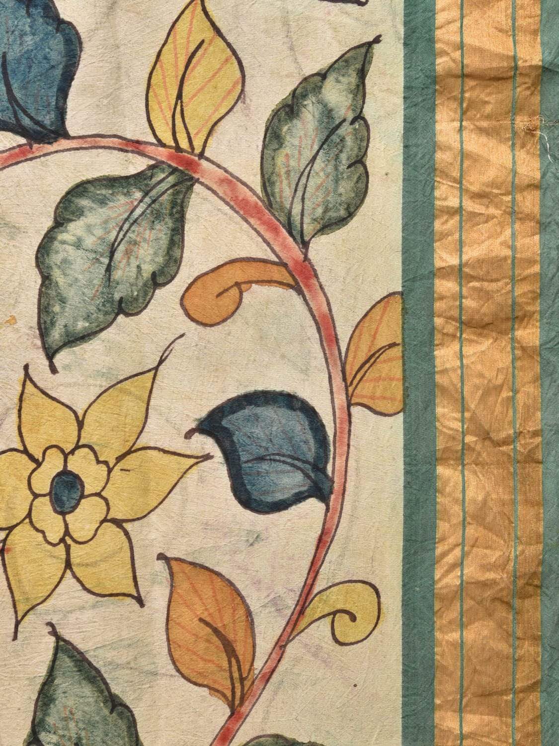 Cream Kalamkari Hand Painted Silk Handloom Saree with Floral and Peacocks Pallu Design KL0455