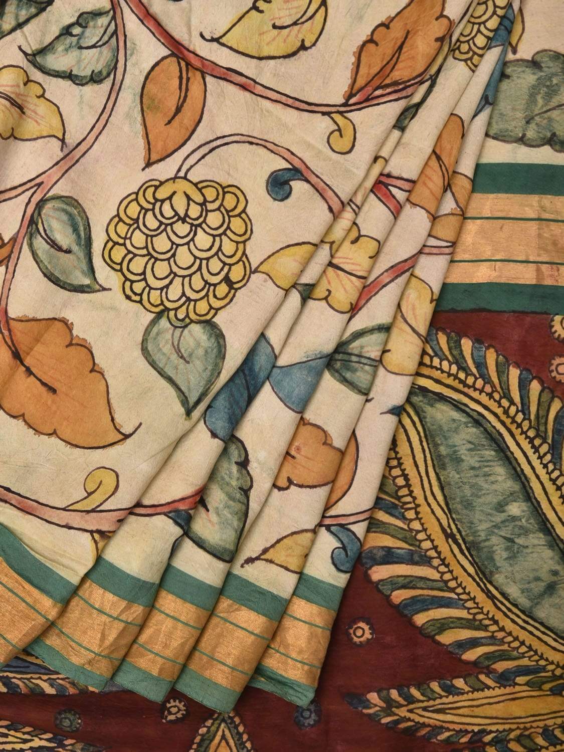 Cream Kalamkari Hand Painted Silk Handloom Saree with Floral and Peacocks Pallu Design KL0455