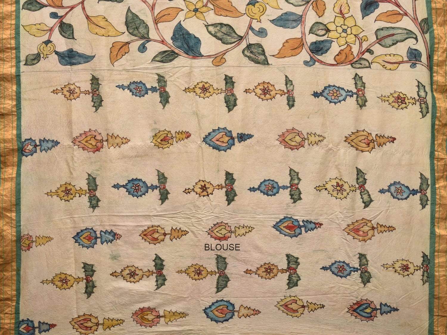 Cream Kalamkari Hand Painted Silk Handloom Saree with Floral and Peacocks Pallu Design KL0455