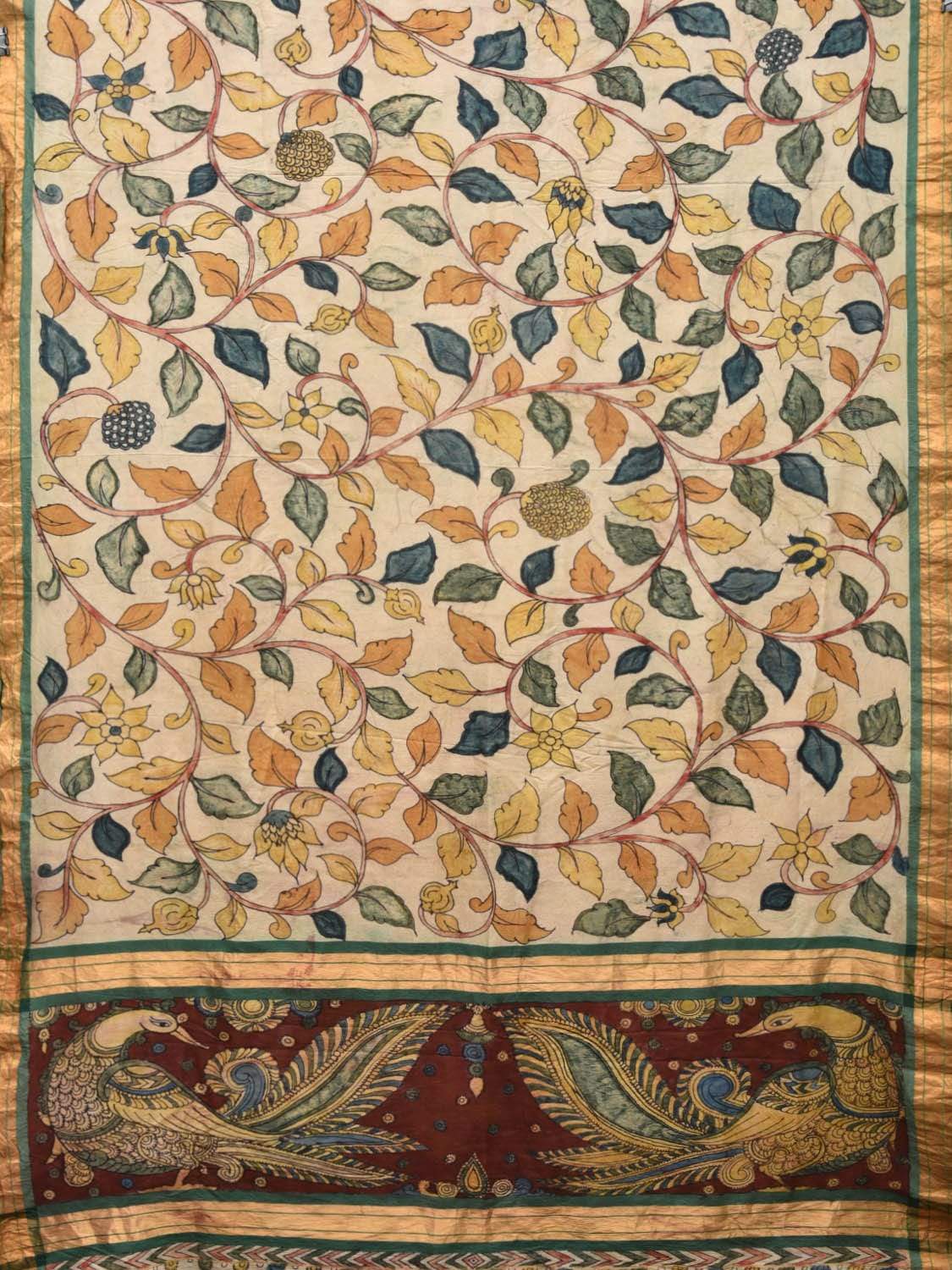 Cream Kalamkari Hand Painted Silk Handloom Saree with Floral and Peacocks Pallu Design KL0455