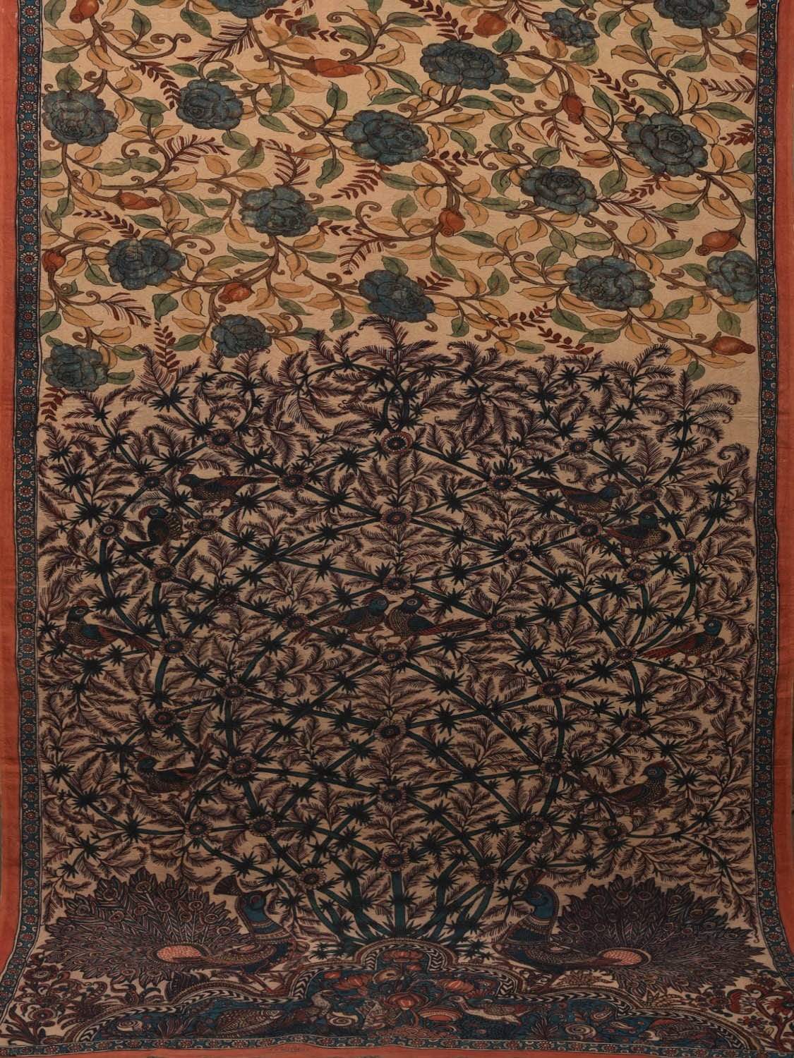 Cream Kalamkari Hand Painted Silk Handloom Saree with Floral and Tree of Life Pallu Design No Blouse KL0568