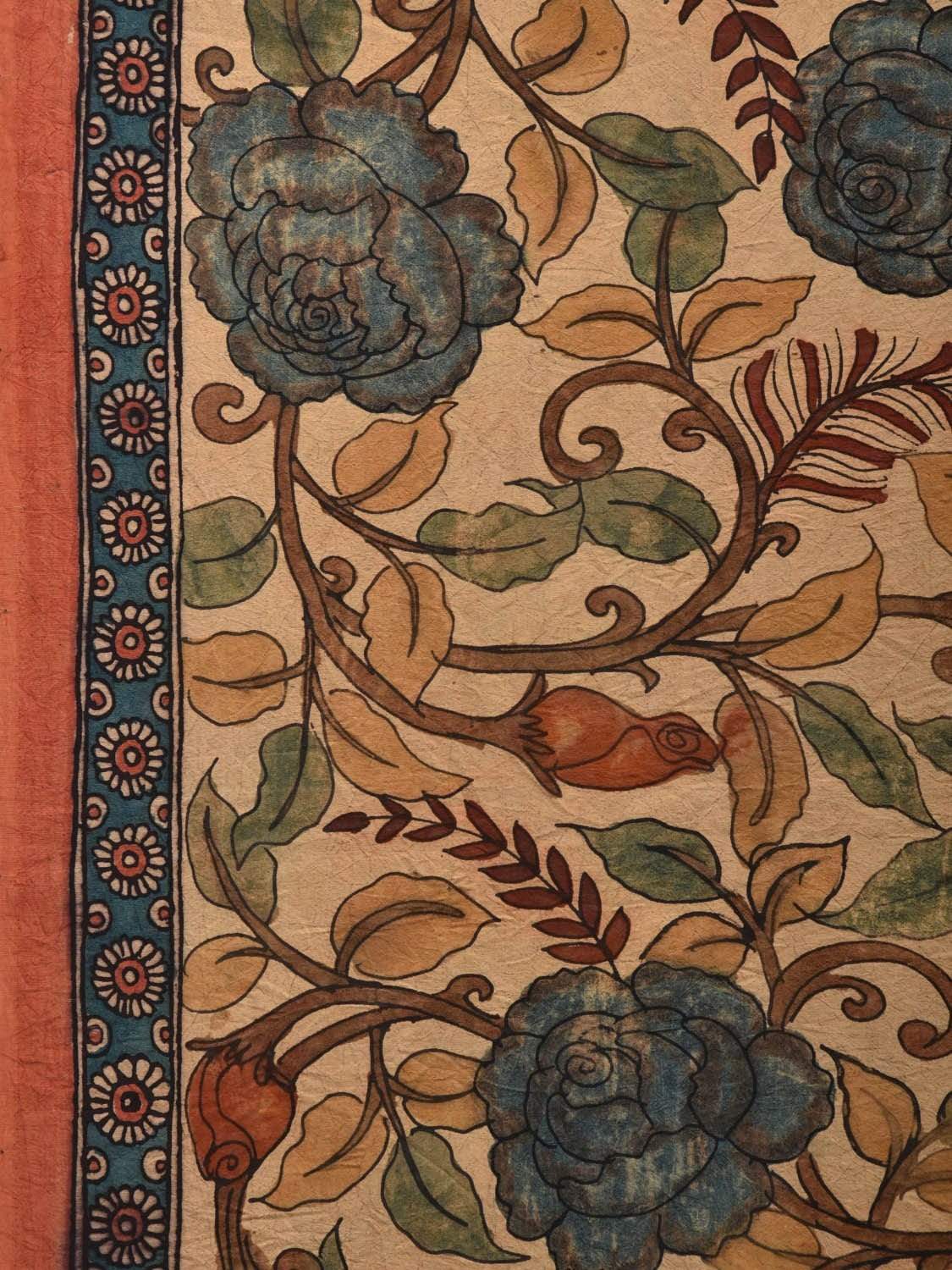 Cream Kalamkari Hand Painted Silk Handloom Saree with Floral and Tree of Life Pallu Design No Blouse KL0568